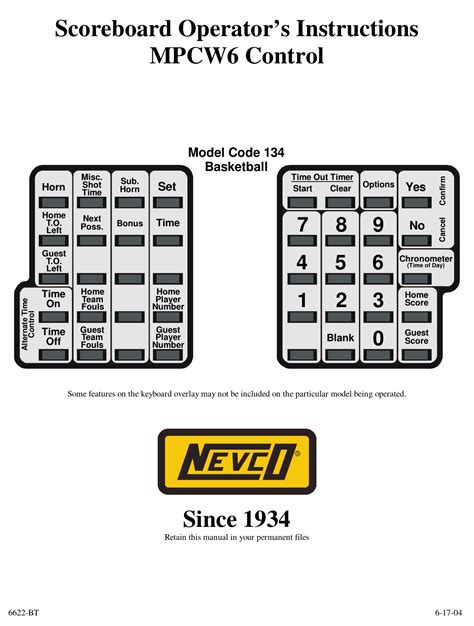 Nevco Model Code 134 Basketball. PDF Operator's Instructions NevcoCG (Character Generator). 